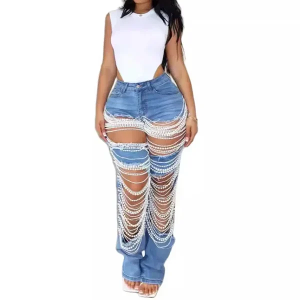 Jeans Women Long Pants Denim Pant Hole Pearl Slim Mom Blue Sexy Y2k Streetwear Casual Elegant Button Pocket Trousers Summer - Image 2