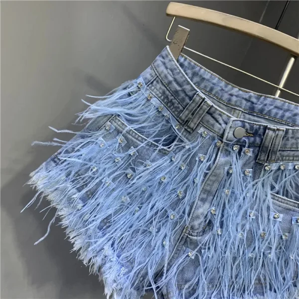 2025 Summer New Personalized Tassel Inlaid Diamond Wash Light Blue Denim Shorts Women's Streetwear Fashion Short Hot Pants - Image 5