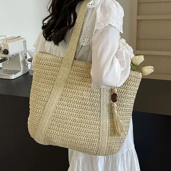 Straw Woven Shoulder Bags for Women Summer Beach Handbag with Tassel Female Fashion Handbag in Khaki Beige - Image 3