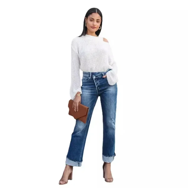 Europe and America Temperament Straight-leg Cuffed Jeans, Women's Spring and Autumn Fashion Water Washing Rough Selvedge Jeans - Image 5