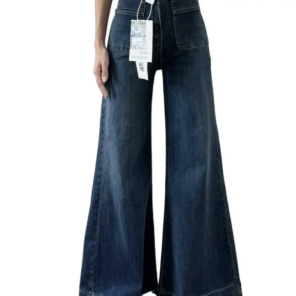 Women's Autumn New Fashion Retro Micro-flared Jeans, Solid Color High-waisted Straight Wide Leg Pants, Loose Floor-length Jeans - Image 6