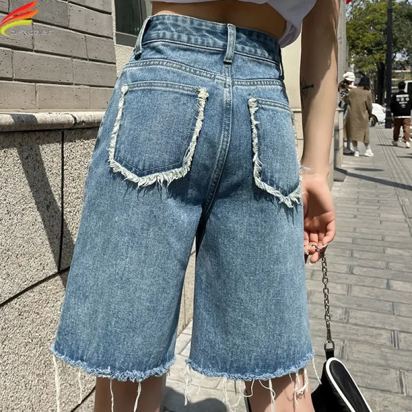 DFRCAEG 2025 Summer Jean Shorts Women Street Wear High Waist Burrs Wide Leg Half Length Bermuda Denim Shorts Woman Hot Sale - Image 2