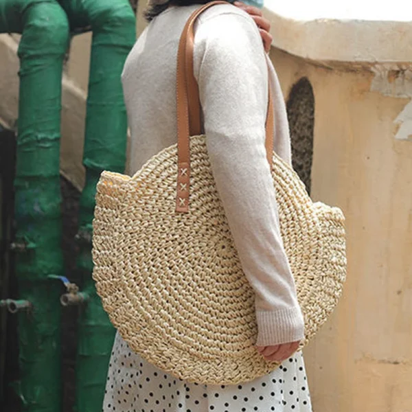 Summer Round Straw Shoulder Bag Women Large Capacity Handbag Handmade Weaven Beach Bags Fashion Rattan Handle Bag Vacation Tote - Image 6