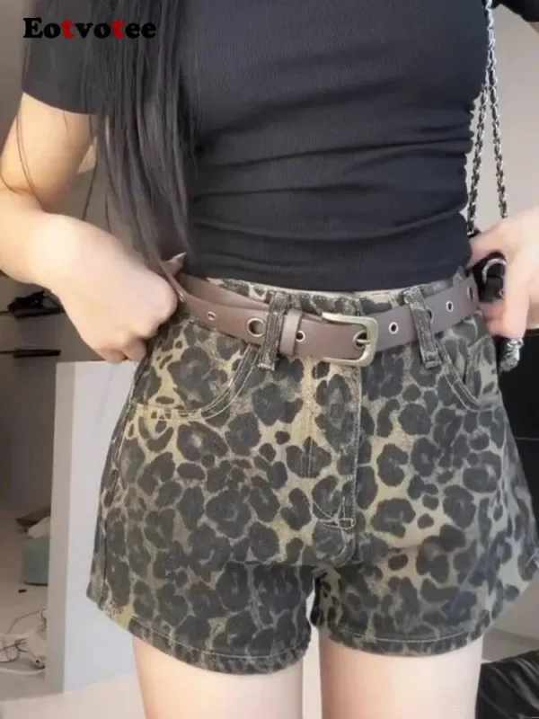 EOTVOTEE American Style Hottie Leopard Denim Shorts for Women Y2k Fashion Low Waist Straight Shorts 2025 New Spring Summer Jeans