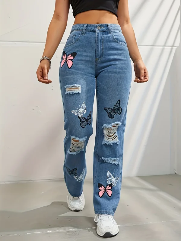 Butterfly Printing Denim Trousers Women Holes Jeans Straight Pants High Waist Loose Fit Vintage 2024 Casual Distressed Denims - Image 2