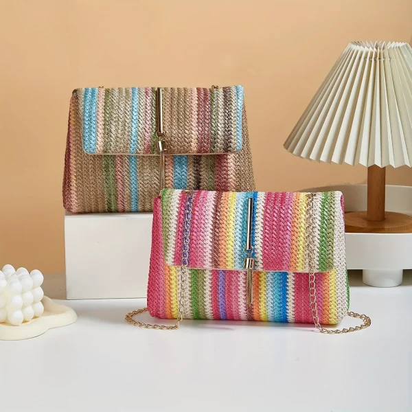 Chic Rainbow Stripe Straw Crossbody Bag for Women Adjustable Shoulder Strap Magnetic Closure Tassel Accent, Fashion Square Purse - Image 2