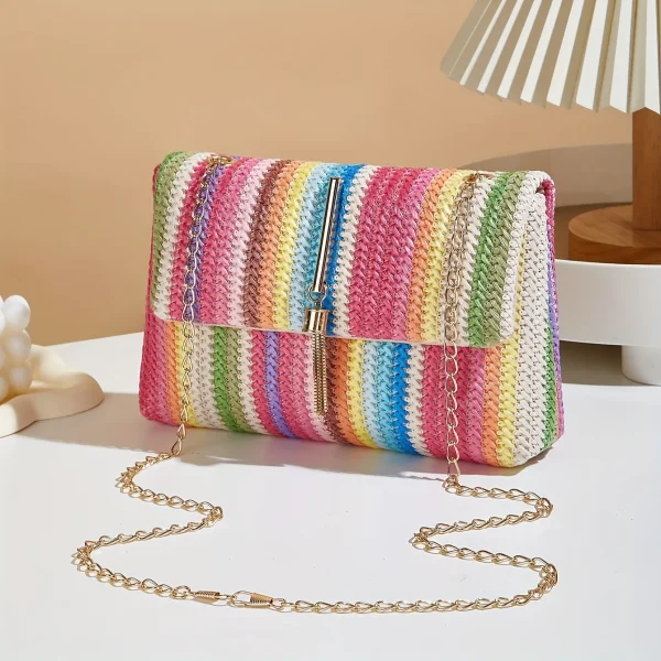 Chic Rainbow Stripe Straw Crossbody Bag for Women Adjustable Shoulder Strap Magnetic Closure Tassel Accent, Fashion Square Purse - Image 5