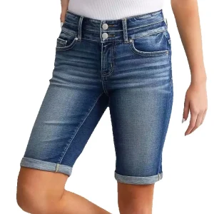 2025 Summer New Women's Pocket Hole Denim Shorts Fashion Slim Fit Elastic Curled Knee Length Shorts Jeans Casual Ladies Clothing