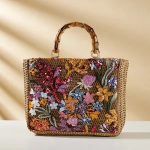 2025 Luxury Sequins Embroidery Large Tote Bags New Fashion Bamboo Handle Women Handags Lady Woven Straw Flower Summer Beach Bag
