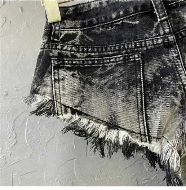 2025 New Summer Low Waist Light Grey Broken Edge A-line Hot Pants Korean Women's Personalized Ripped Denim Shorts - Image 6