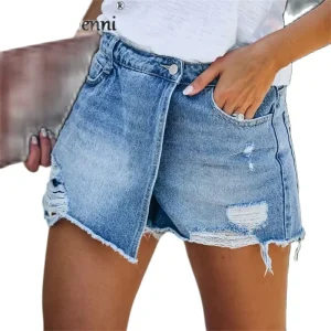 2025 Summer New Women Ripped Repaired Denim Shorts High Waist Bodycon Distressed Hole Bottoms Casual Pockets Sexy Short Jeans