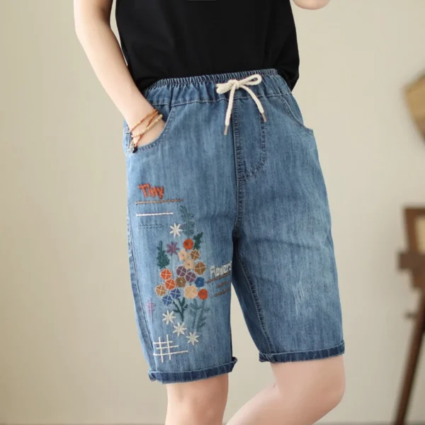 Women Summer Retro Style Trouser Embroidery Self Tie Plus Size Mid Length Pants Artistic Casual Ripped Straight Short Jeans 2025