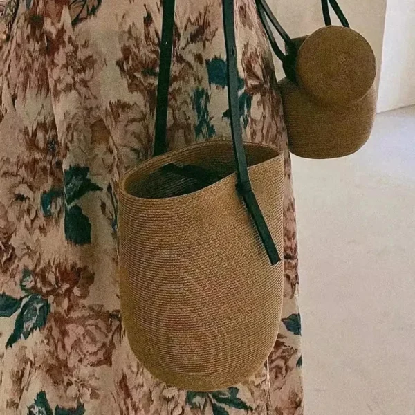 Woven Straw Bag for Women with Adjustable Strap Summer Beach Bag Solid Shoulder Bag Cute Handbag for Travel Shopping - Image 5