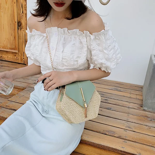Hexagon Shape Straw PU Leather Handbag Women Summer Rattan Bag Handmade Woven Beach Bohemia Chain Strap Shoulder Crossbody Bags - Image 6