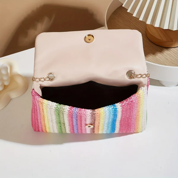 Chic Rainbow Stripe Straw Crossbody Bag for Women Adjustable Shoulder Strap Magnetic Closure Tassel Accent, Fashion Square Purse - Image 6