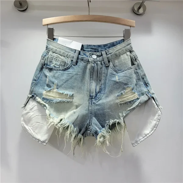 2025 Summer New Women's Pink Hole Denim Shorts High Waist Slimming Spicy Girl A-line Ragged Edge Shorts - Image 2