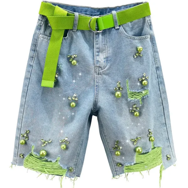 Green Hole Denim Shorts Women Summer Pearl Diamond Decoration Raw Edge Short Jeans Chic High Waist Loose Straight Denim Shorts - Image 5