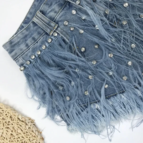 Rhinestone Beaded Exquisite Feather High Waist Denim for Women's Blue Jeans Shorts DS Nightclub Sexy Hot Pants Fashion - Image 5