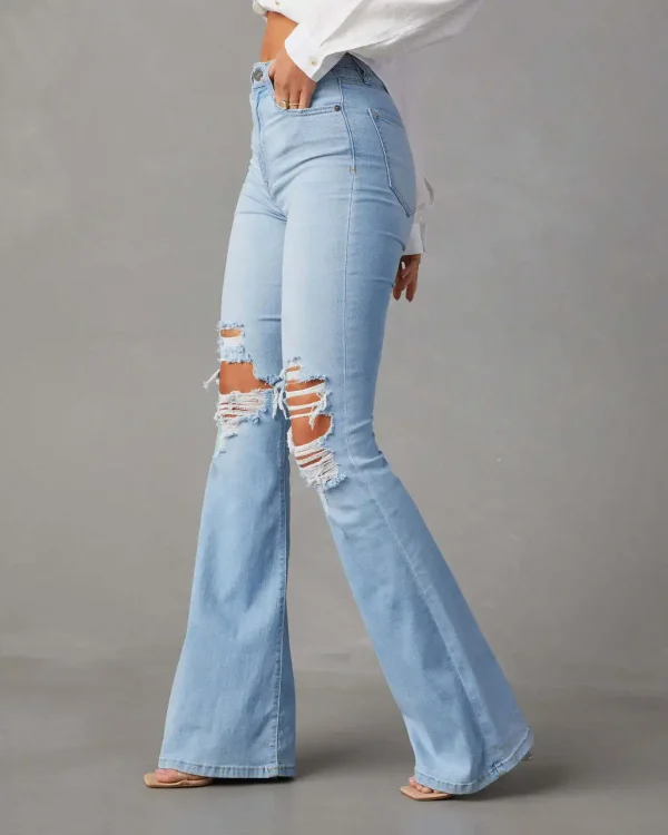Women Denim Flare Pants Streetwear Jeans Loose Fit High Waist Pockets Holes Ankle Length Solid Color Spring 2024 Zipper Fly - Image 2