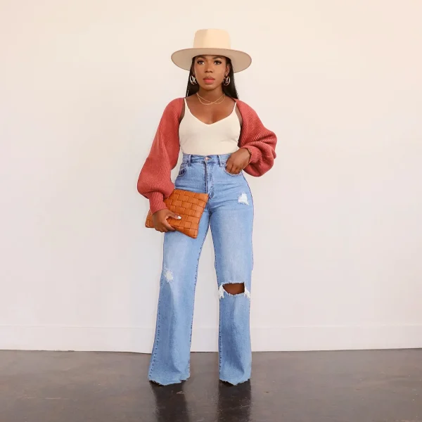 Women Jeans Ankle Length Holes Loose Flat Straight Pants Zipper Fly Pockets Solid Color High Street Slight Strech Denim - Image 4