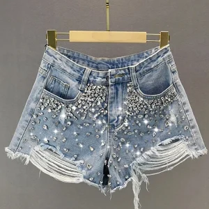Women's Short Jeans High Waist Distressed Diamonds Tassel Loose Wide Leg Luxury Denim Shorts 2025 Spring Fashion Y2k Skirts
