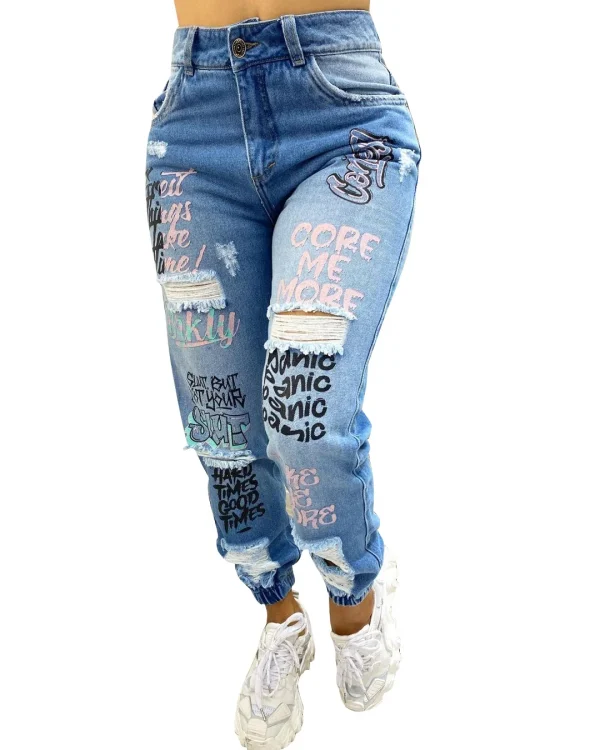 Women Denim Jeans Ankle Length Print Holes Pencil Pants Pockets Washing Slim Basics Zipper Fly Spring Flat Slight Strech - Image 5