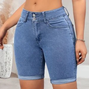 Blue elastic double-breasted fashion shorts jeans women's jeans