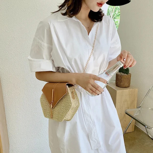 Hexagon Shape Straw PU Leather Handbag Women Summer Rattan Bag Handmade Woven Beach Bohemia Chain Strap Shoulder Crossbody Bags - Image 5