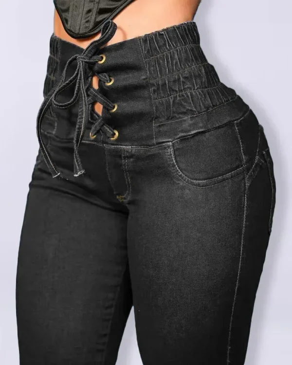 Women Mom Jeans Denim Pencil Pants Bodycon Buttock Lace Up Elastic Waist Pockets High Waist Bandage Sheath Spliced Y2k Button - Image 6