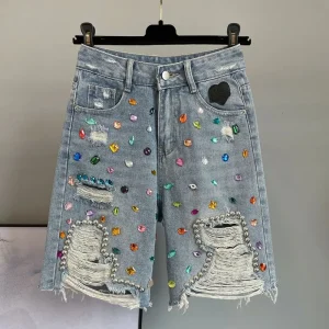 Colorful Diamond-inlaid Ripped Denim Cropped Trousers Summer New High-waist Loose Breeches for Women
