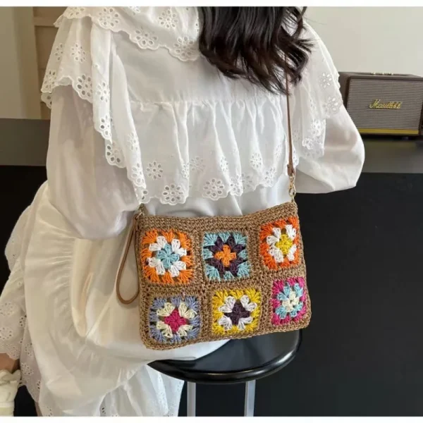 Summer Handmade Hook Retro Flower Crossbody Women's Bag Single Shoulder Paper Rope Crochet Bag Flip Ethnic Style Handbag - Image 2