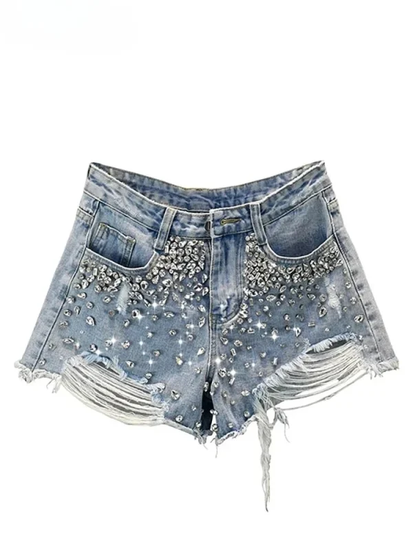 Women's Short Jeans High Waist Distressed Diamonds Tassel Loose Wide Leg Luxury Denim Shorts 2025 Spring Fashion Y2k Skirts - Image 2