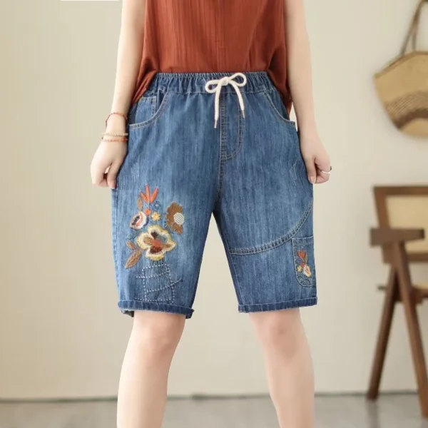 Women Summer Retro Style Trouser Embroidery Self Tie Plus Size Mid Length Pants Artistic Casual Ripped Straight Short Jeans 2025 - Image 2