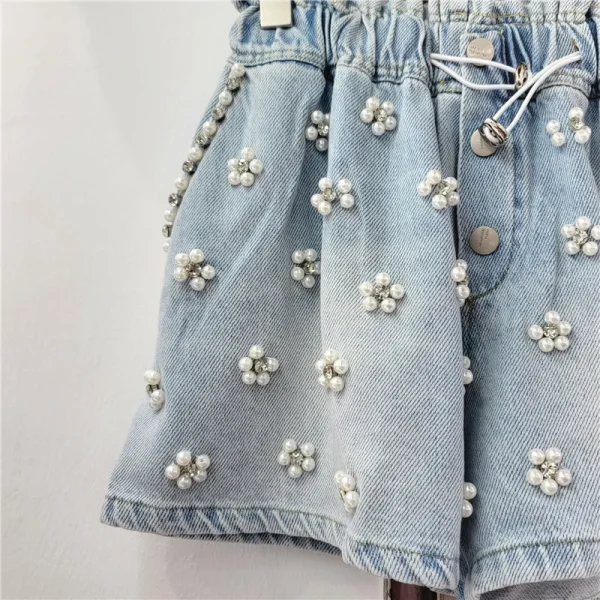 European Station Summer New Exquisite Rhinestone Handmade Beaded Denim Pants High Waist Slim Wide Leg Shorts for Women 2023 - Image 3