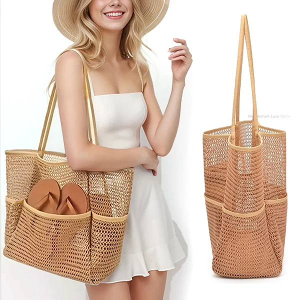 Large Mesh Beach Bag Multi Pocket Waterproof Organizer for Swimming Towels Travel Storage Tote Bag with Zipper Women Handbag