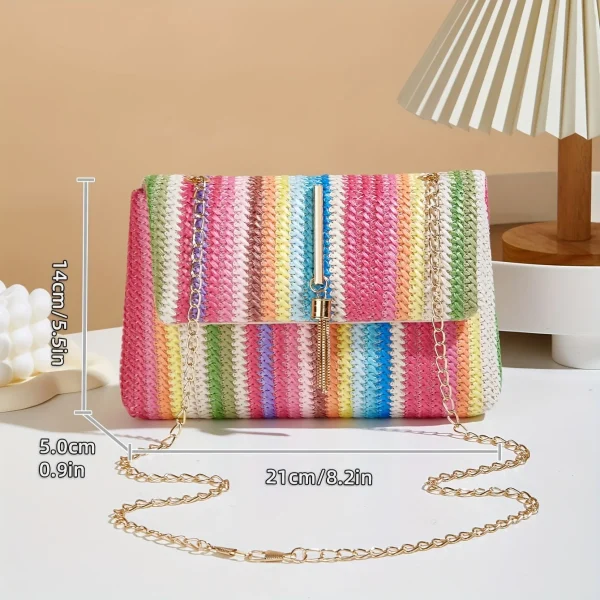 Chic Rainbow Stripe Straw Crossbody Bag for Women Adjustable Shoulder Strap Magnetic Closure Tassel Accent, Fashion Square Purse - Image 4