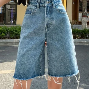 DFRCAEG 2025 Summer Jean Shorts Women Street Wear High Waist Burrs Wide Leg Half Length Bermuda Denim Shorts Woman Hot Sale