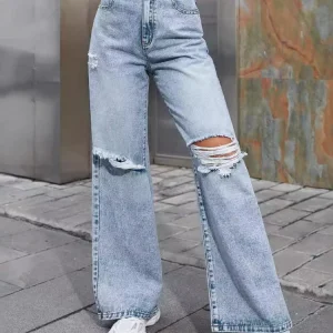 Denim Jeans Women Pant Wide Leg Long Pants Casual Loose High Waist Button Y2k Streetwear Hole Temperament Work Straight Trousers