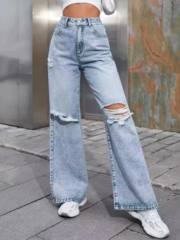 Denim Jeans Women Pant Wide Leg Long Pants Casual Loose High Waist Button Y2k Streetwear Hole Temperament Work Straight Trousers