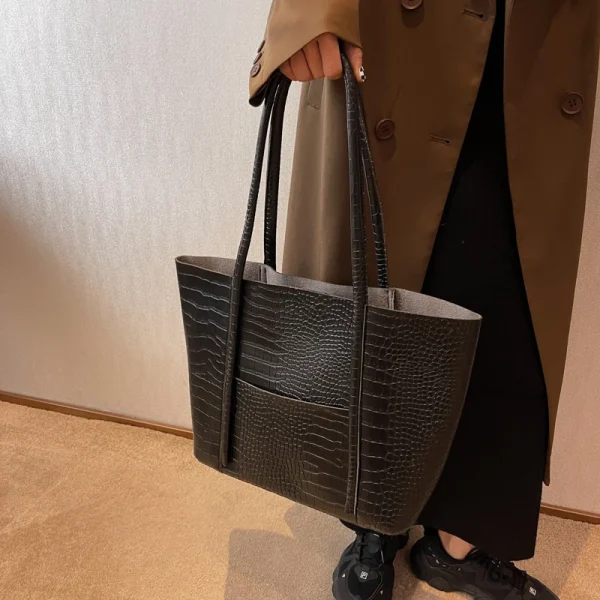 MOODS Crocodile Pattern Women Bag Set 2-IN-1 Big Capacity Shopping Shoulder Totes Pure Color Soft PU Leather 2025 Latest Handbag - Image 6