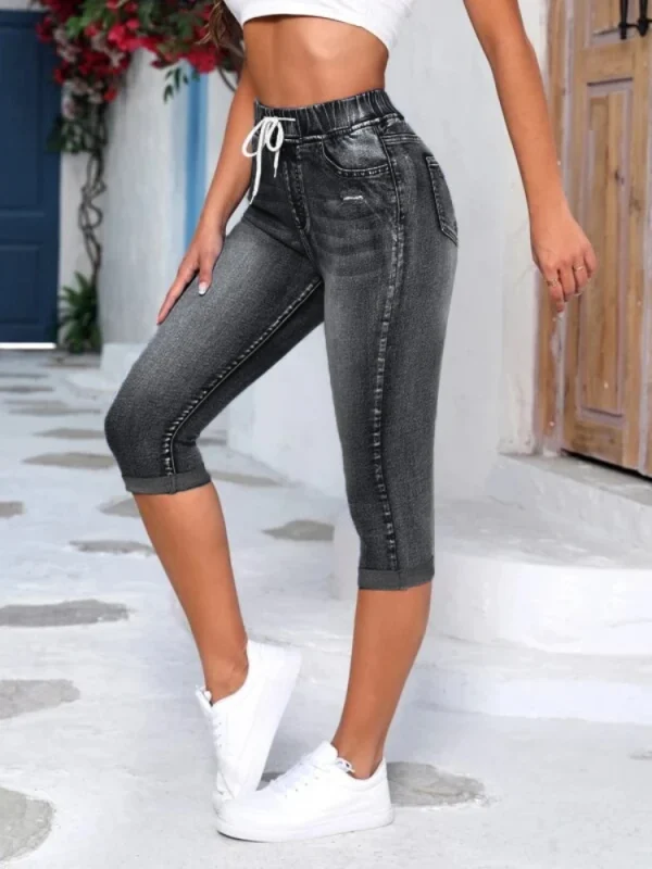 Women'S Vintage Denim Pants Summer High Waist Slim Fit Drawstring Waistband Capri Pants Streetwear Jean Short Pants Collant - Image 5