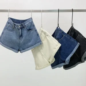 Korean Style High-Waisted Slimming Casual A- Line Jeans Trendy Women's Student Shorts With Rolled Edges New Arrival