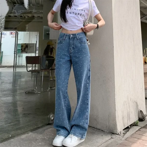 Y2K Jean 2025 Summer Fashion Ladies Floral Denim Pantalons Loose Vintage Jeans Women Casual Elastic Waist Harem Wide Trousers - Image 2