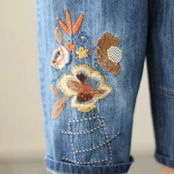Women Summer Retro Style Trouser Embroidery Self Tie Plus Size Mid Length Pants Artistic Casual Ripped Straight Short Jeans 2025 - Image 5