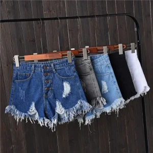 Korean Smoke Grey Buttoned Wide Leg Denim Shorts Women Summer AA plus Size Slimming Hot Pants Frayed Hem Casual Style Jeans