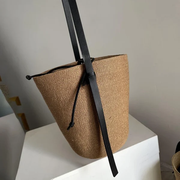 Woven Straw Bag for Women with Adjustable Strap Summer Beach Bag Solid Shoulder Bag Cute Handbag for Travel Shopping - Image 4