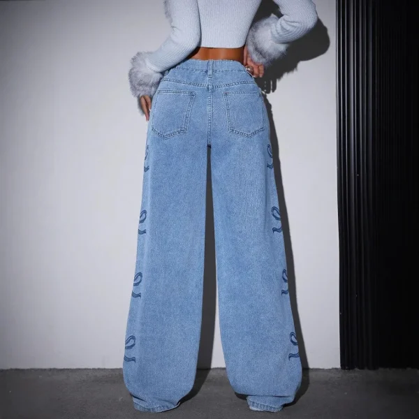 Wide Leg Pants Women Bow Print Jeans High Waist Washed Distressed Straight Trousers Vintage Denims Floor Length Streetwear - Image 2