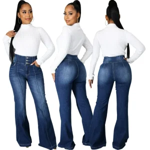 Jeans Pants Women Long Flare Pant Splice Washing Pant Solid Denim Slim Fit Trousers button Elegant Office Lady Spring Summer