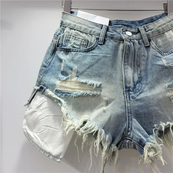 2025 Summer New Women's Pink Hole Denim Shorts High Waist Slimming Spicy Girl A-line Ragged Edge Shorts - Image 5