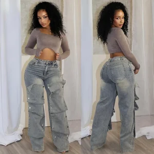 Jeans Cargo Pants Women Denim Long Pant Straight Trousers High Waist Button Pocket Mom Y2k Punk Casual Loose Autumn Streetwear